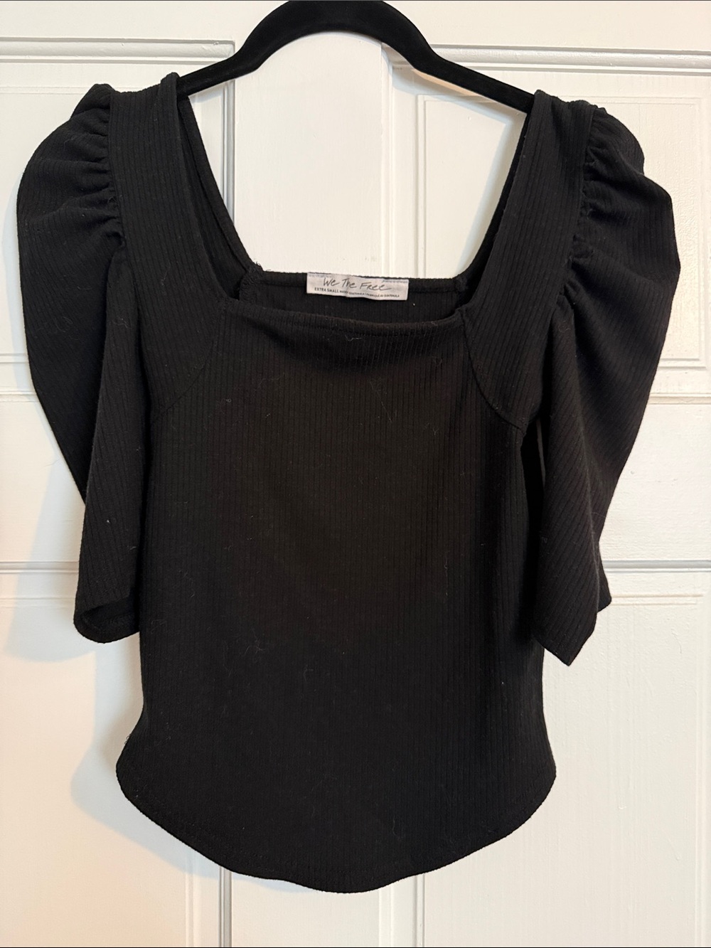 We The Free Black Square Neck Puff-Sleeve Ribbed Top